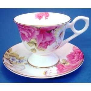   Gracie Footed Bone China Cup & Saucer Roses Flowers: Kitchen & Dining