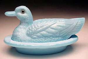 Westmoreland Covered Duck on Nest with Glass Eyes Blue Milk Glass Head 