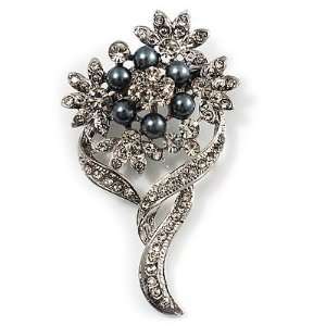  Bridal Ash Grey Faux Pearl Crystal Floral Brooch (Silver 