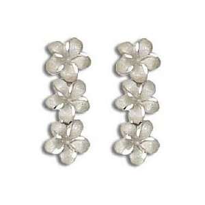   White Gold 3 Dangling Plumeria Flower Stud Pierce Earrings: Jewelry