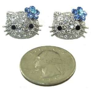 Syms Large Kitty 3/4 Genuine Austrian Crystal Stud Earrings w/ Blue 