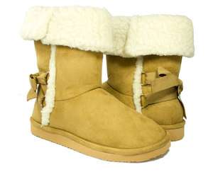    on Camel Bow Shearling Cuff Boot   Classic by Soda Shoes (Faux Fur