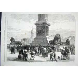  Lions Trafalgar Square Nelsons Column Old Print 1867