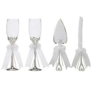  Silver Heart Toasting Flutes and Cake Serving Set