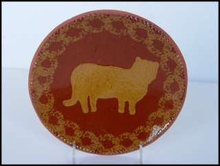 1995 Foltz Pottery Cat Plate Pennsylvania redware Folk art Sponge 