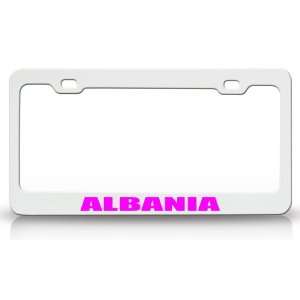 ALBANIA Country Steel Auto License Plate Frame Tag Holder, White/Pink