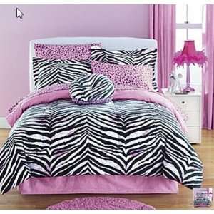 Girl Pink Black Zebra Leopard Twin Comforter Set (6pc Bed in a Bag 