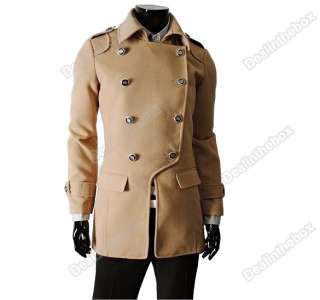 Mens Double breasted Stylish Winter Woolen Blends Parka coat 3 color 
