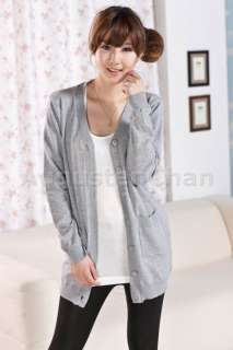 New Womens V Neck Knit Cardigan Sweater Hoodies Korean Fashion Grey 