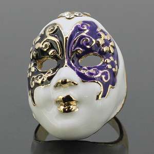   Crystals Black & Purple Beijing Opera Mask Enamel Ring  