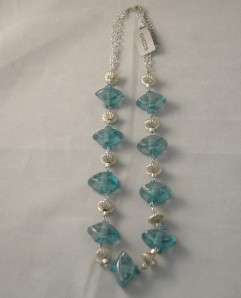Chicos Silver and Blue Glass Chain Necklace, New!!  