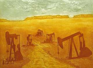   Salt Creek Hand Signed & Numbered Etching, oil field machinery  
