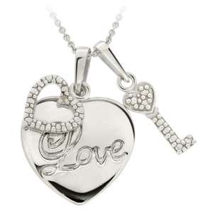 925 Silver Diamond Accent Double Hearts & Key Love Pendant  