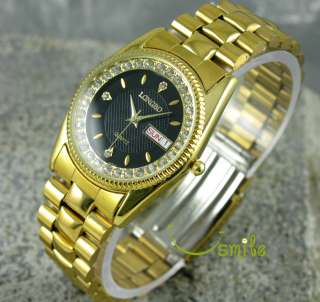 Luxury Mens Gold Steel Black Dial Week Date Day Diamond Quartz Wrist 