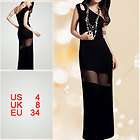 Ladies Mesh Strip Sleeveless Single Shoulder Black Long Dress S
