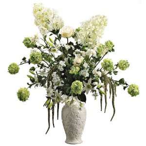  Silk Hydrangea Lily Floral Arrangement in White Vase