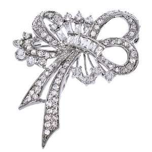  C.Z. Diamond Silver Forget Me Not Ribbon Bow Pin Brooch Jewelry