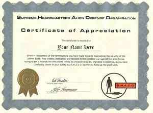 UFO SHADO Certificate of Appreciation   Personalized  