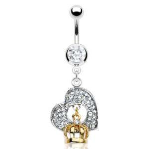 Clear CZ Gem Paved Heart Gold Crown Belly Ring New C262  
