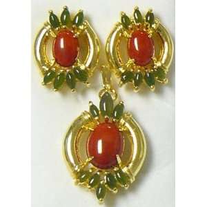  Red Coral Cab Jade Cab Pendant and Earrings Set 