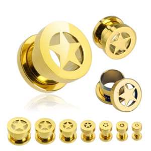 PAIR of STAR GOLD PLATED EAR PLUGS TUNNEL Body Jewelry  