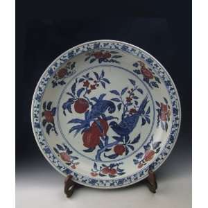 one Blue&Red Underglaze Megranate&Parrots Decoration Porcelain Plate 