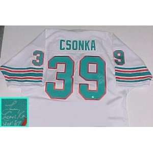 Larry Csonka Hand Signed Dolphins Throwback Jersey with Inscr.