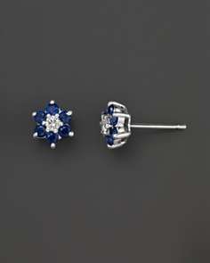 Diamond and Sapphire Flower Earrings in 14K White Gold