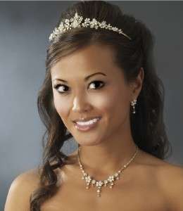Lovely Gold Ivory Pearl Necklace Earrings & Tiara Set  