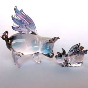  Hand Blown Glass Flying Pig Mother and Baby Figurines 