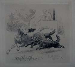 Lorenz Froelich, etching. Four dogs and a cat. 1900  