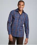Report Collection indigo plaid cotton spread collar button front shirt 