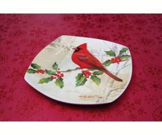 NEW SET OF 4, 8 INCH SQUARE CERAMIC CARDINAL BIRD DESSERT PLATES 