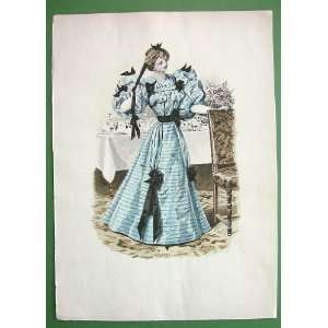   Lady Blue Dress Black Ribbon Accents     VICTORIAN Antique Print H/C