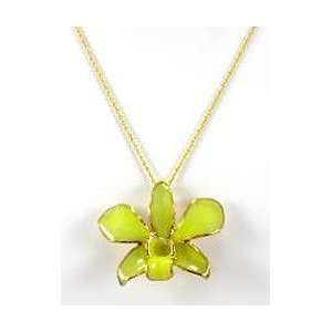  REAL FLOWER Gold Orchid Necklace Pendant Yellow & Chain 