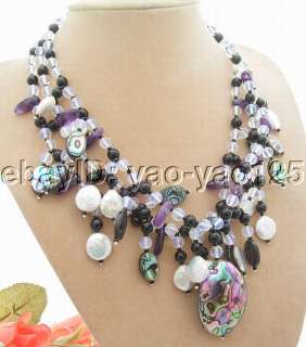 Stunning 3Strands Coin Pearl&Onyx&Amethyst&Paua Abalone Shell Necklace