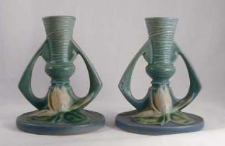 Rare Roseville Pottery Pair of Blue Water Lily Candlestick Holders 