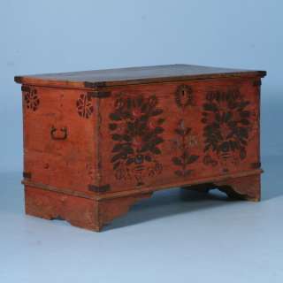 Antique Original Red Hand Painted Trunk with Rosemaling Floral Motif 