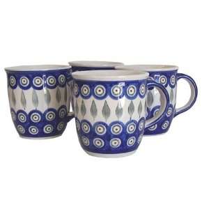  Polish Pottery Peacock Mugs, Set of 4: Kitchen & Dining