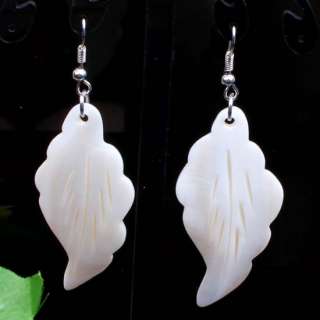 White MOP Shell Carved Cute Leaf Bead Dangle Earrings  