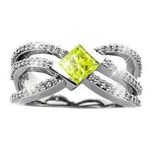  Princess Cut 14K Yellow Gold Ring with Fancy Greenish Yellow Diamond 