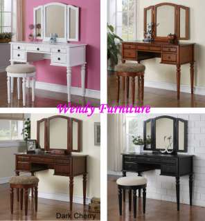   Oak Vanity Make Up Mirror Wood Table Dresser Bench Stool Set  