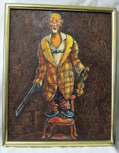 VINTAGE CLOWN WITH VIOLIN ORIGINAL OIL PAINTING ON BOARD 17 X 20 