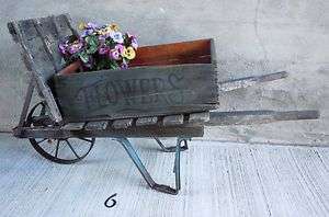 Antique Rustic Weathered Wheelbarrow, Garden Flower Cart, Store 