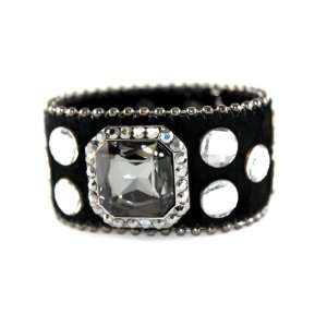 Awesome Wide Black Leather Cuff Fashion Bracelet with Large Ice and 